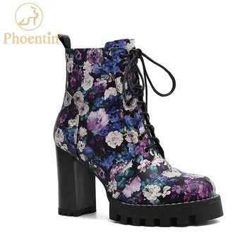 Phoentin Flower print Naiste kingad, platvorm paksud kontsaga poolsaapad Uus saabumist 2020. aasta sügis-talvel rist seotud zip kingad FT1100