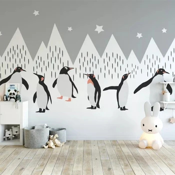 Custom 3D Cartoon Seinamaaling Tapeet Kaasaegne Snow Mountain Pingviin Loomade Seina Värvimine Laste Magamistuba Taust Seina-Raamat 3 D