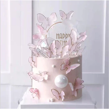Lilla Roosa Liblikas Kook Teenetemärgi Happy Birthday Cake Torukübar Käsitsi Maalitud Pulmad Sünnipäev Baby Shower