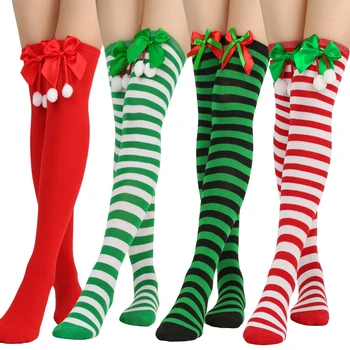 Naiste Bowknot Palli Jõulud Sokid Üle Põlve Triibulised Sokid Tüdrukutele Reie Kõrge Sokid Pikk Soe Puuvillased Sukad
