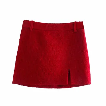 BBWM 2021 Uus Tweed Punane Naiste Mood Elegantne Office Lady Seelik Naiste Vabaaja Streetwear Slim Split Mini Seelik Stiilne Põhjad