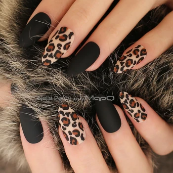 matte Black mandel Leopard printida fasle küüned Nühkima Burgundia Tiiger alasti fake küünte stiletto 24tk täis komplekti faux ongles
