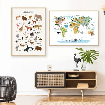 Haridus Cartoon Loomade Elupaik Maailma Kaart Pilte Laste Plakatid Lasteaed Seina Art Lõuend Kodus Printida Maali-Lapsed Tuppa