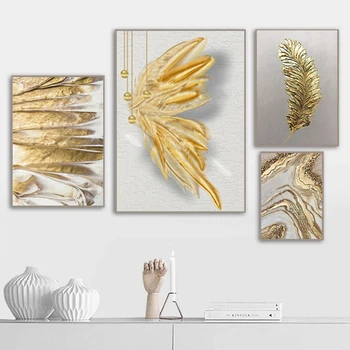 Kuldne Sulg Prindi Plakat Gold Leaf Blokeerida Abstraktse Maali Moodsa Kunsti Seina elutuba Madrus Teenetemärgi Pilt