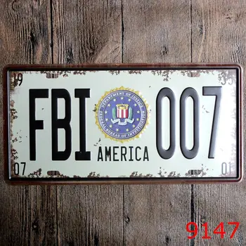 Retro Auto numbrimärk USA FBI 007 Ameerika Tina Märke Plakat Kodu Baar Wall Decor 15x30CM