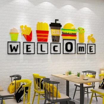 Loominguline Piima Tee Hamburger Suupiste Kauplus Seina Kaunistamiseks Kleebis Fast Food Shop Klaas Uks isekleepuvad 3D Stereo Seina Kleebised