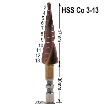 3-13mm M35 Koobalt-Step Drill Bit Topelt 1/4 Tolli Kuusnurk Varre Kahekordne Spiraal Groove Step Drill