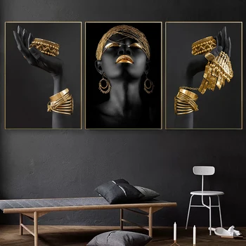 Aafrika Naine Seina Maali Kunst Plakatid ja Pildid Suur Must Naine, Kellel Kuld Ehted Lõuend Pilt elutuba Decor