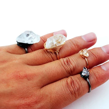 Bohemia Suur Füüsiline Selge Kvarts Gemstone Rõngad Naiste DIY Vintage Crystal Black Gold Avatud Ring Pulmad Engagement Rõngad Kingitus